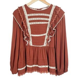 Bohme Peasant Top Size S Burnt Orange Ruffled Knit‎ Lace Trim Cottagecore Boho